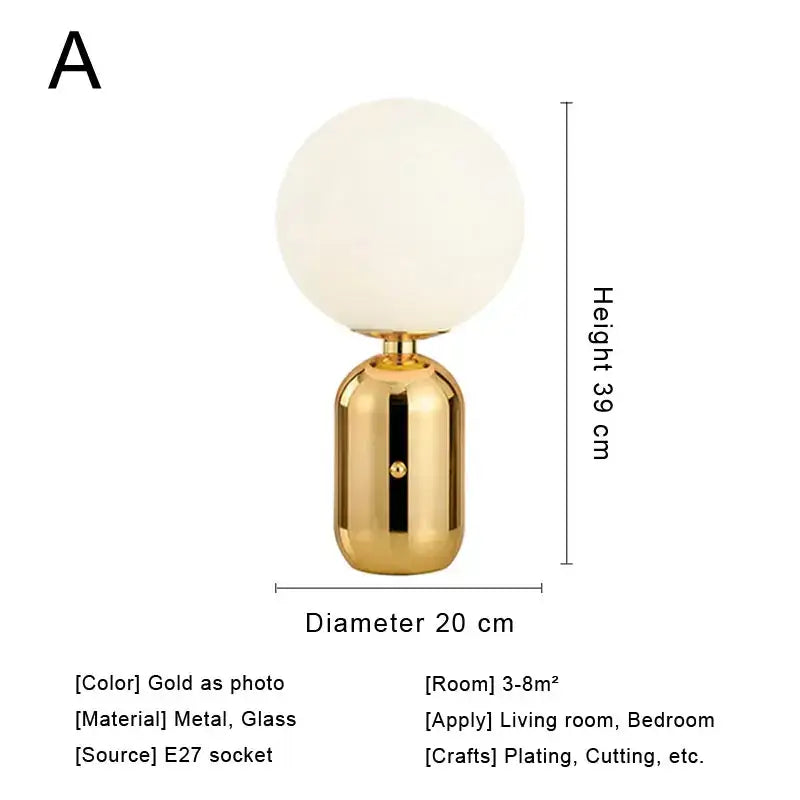 Modern brass and glass desk lamp for bedroom with spherical shade