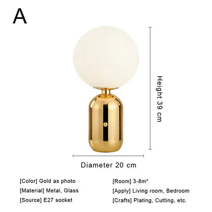 Modern brass and glass desk lamp for bedroom with spherical shade
