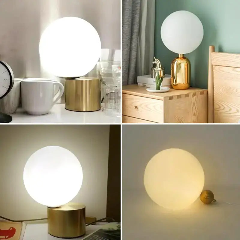 Modern brass and glass desk lamp for bedroom with spherical shade