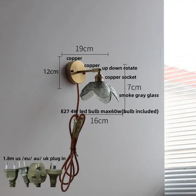 Modern brass and gray glass led wall sconce bedroom light with pull chain