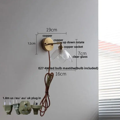 Modern brass and gray glass led wall sconce bedroom light with pull chain