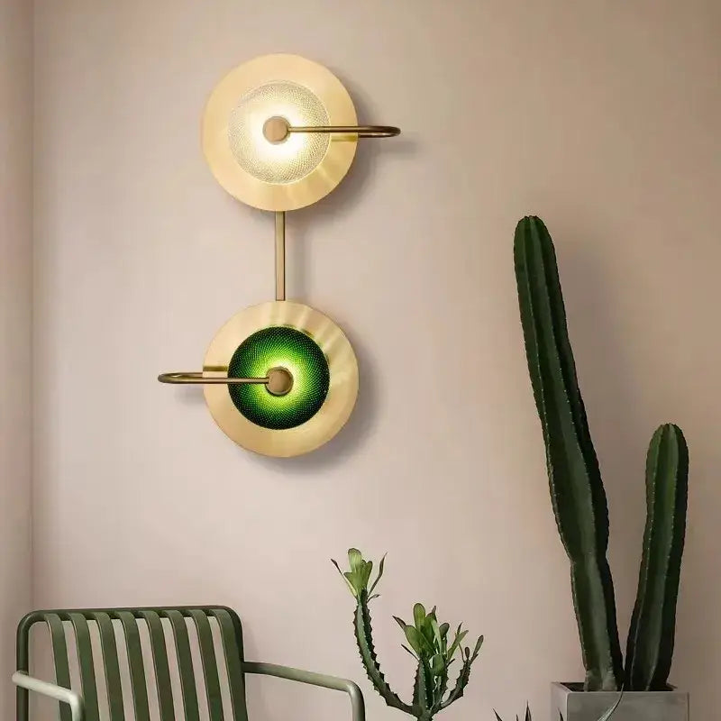 Modern brass and green glass metal wall art lamp living room