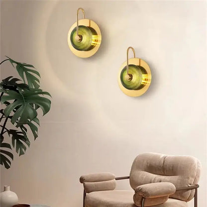 Modern brass and green glass metal wall art lamp living room