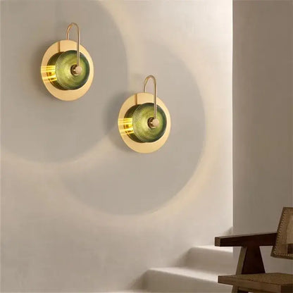 Modern brass and green glass metal wall art lamp living room