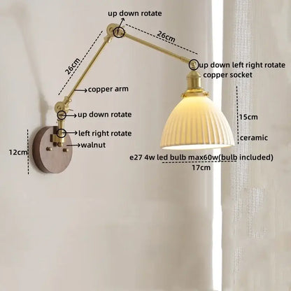 Modern brass and ribbed glass led wall lamp bedroom pull chain light