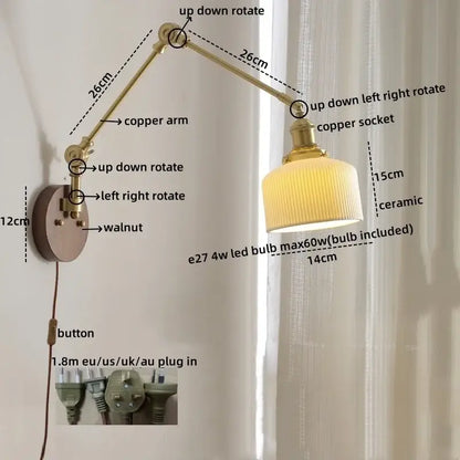 Modern brass and ribbed glass led wall lamp bedroom pull chain light