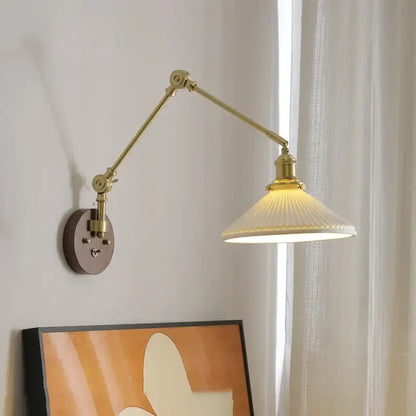 Modern brass and ribbed glass led wall lamp bedroom pull chain light