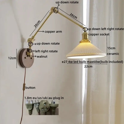 Modern brass and ribbed glass led wall lamp bedroom pull chain light
