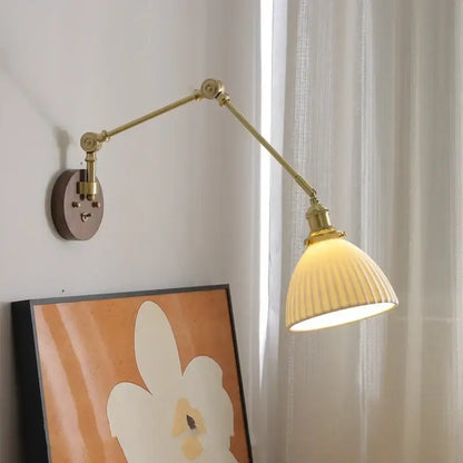Modern brass and ribbed glass led wall lamp bedroom pull chain light