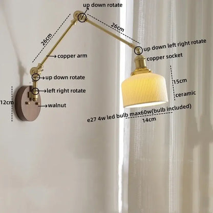 Modern brass and ribbed glass led wall lamp bedroom pull chain light