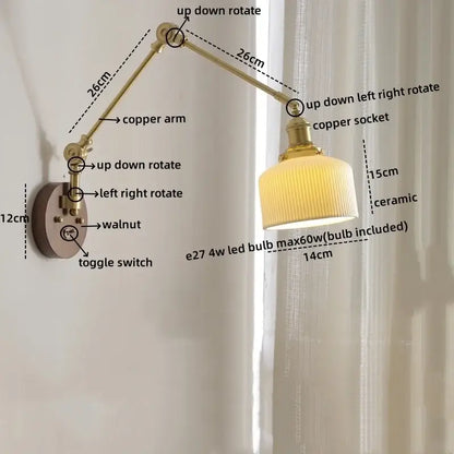 Modern brass and ribbed glass led wall lamp bedroom pull chain light