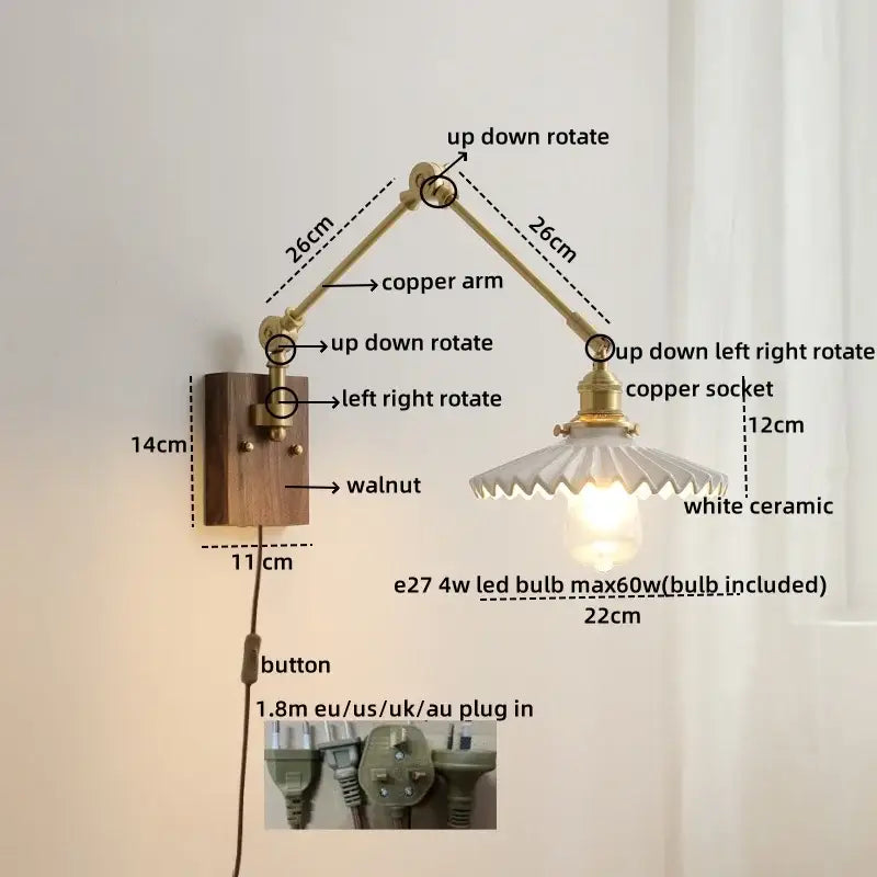 Modern brass and ribbed glass led wall lamp bedroom pull chain light