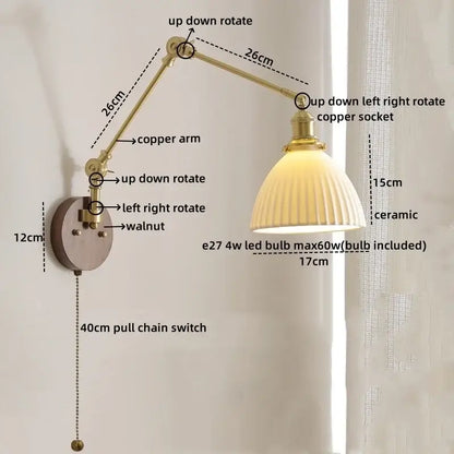 Modern brass and ribbed glass led wall lamp bedroom pull chain light