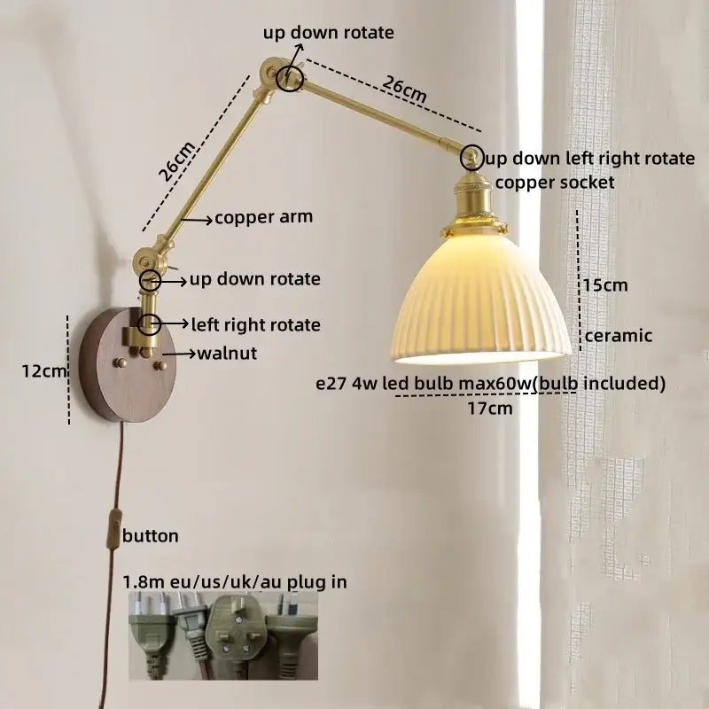 Modern brass and ribbed glass led wall lamp bedroom pull chain light