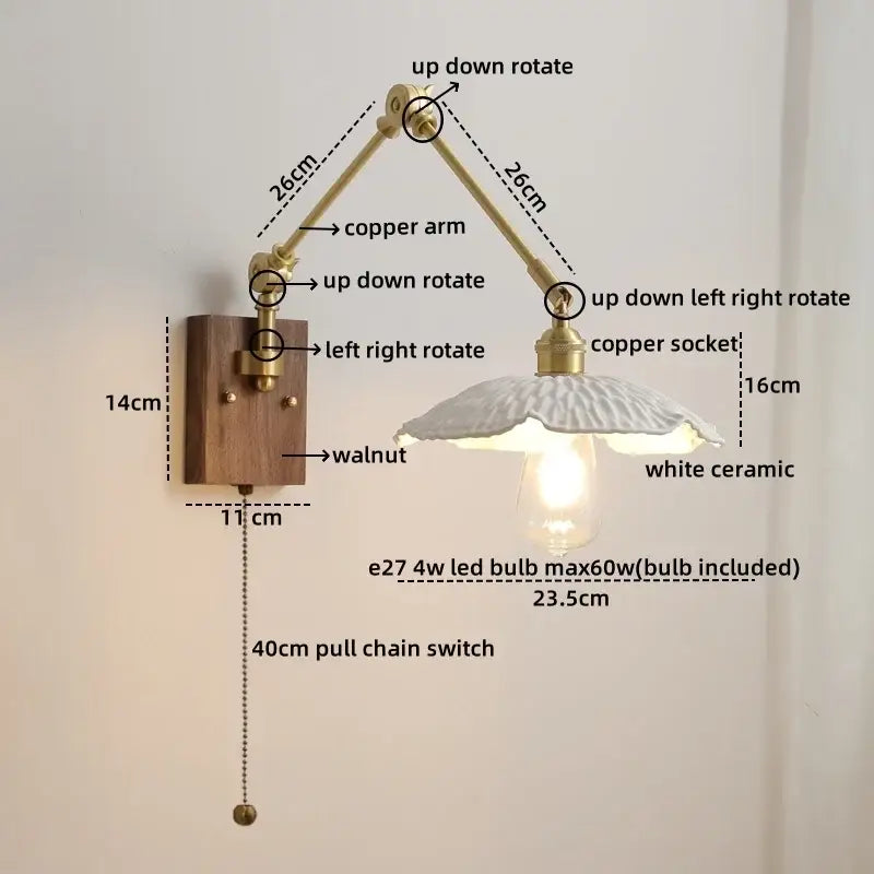 Modern brass and ribbed glass led wall lamp bedroom pull chain light