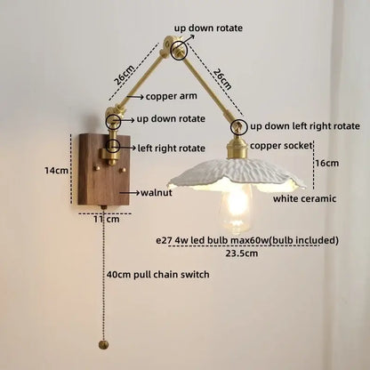 Modern brass and ribbed glass led wall lamp bedroom pull chain light