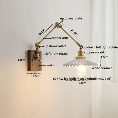 Modern brass and ribbed glass led wall lamp bedroom pull chain light