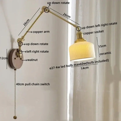 Modern brass and ribbed glass led wall lamp bedroom pull chain light