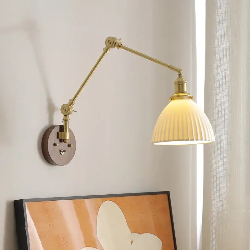 Modern brass and ribbed glass led wall lamp bedroom pull chain light
