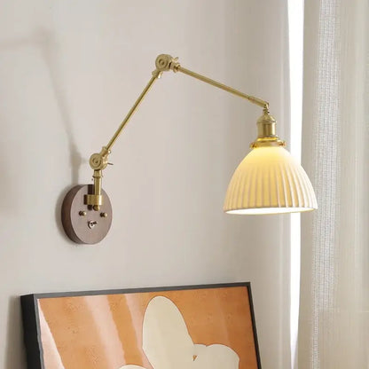 Modern brass and ribbed glass led wall lamp bedroom pull chain light