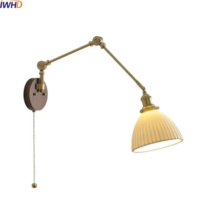 Modern brass and ribbed glass led wall lamp bedroom pull chain light