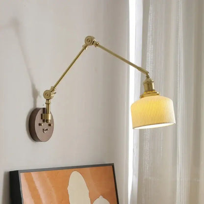Modern brass and ribbed glass led wall lamp bedroom pull chain light