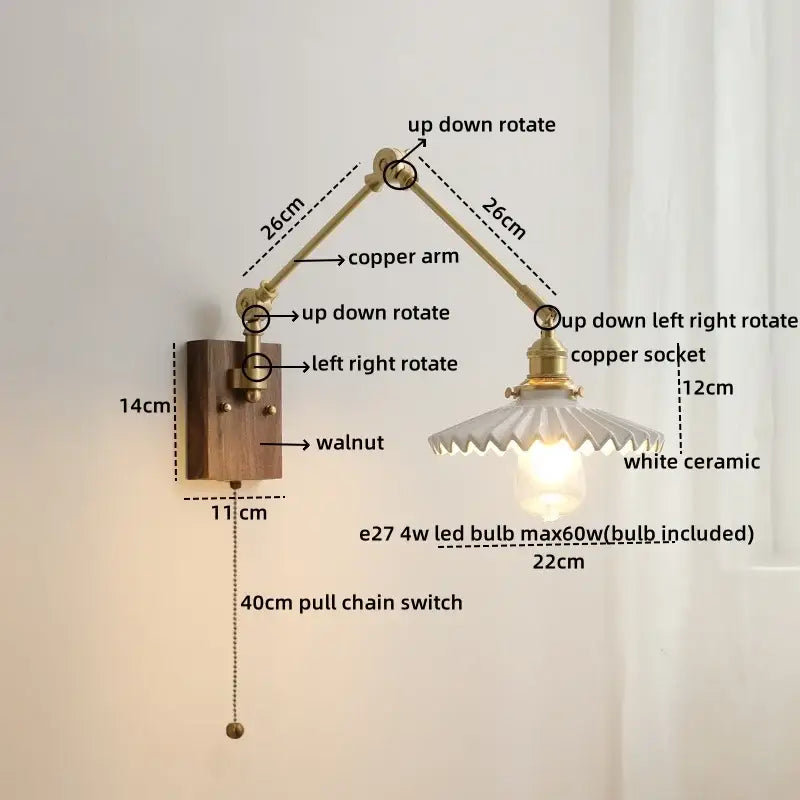 Modern brass and ribbed glass led wall lamp bedroom pull chain light