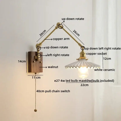 Modern brass and ribbed glass led wall lamp bedroom pull chain light
