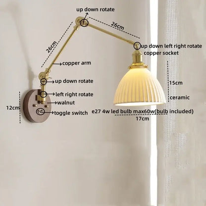 Modern brass and ribbed glass led wall lamp bedroom pull chain light