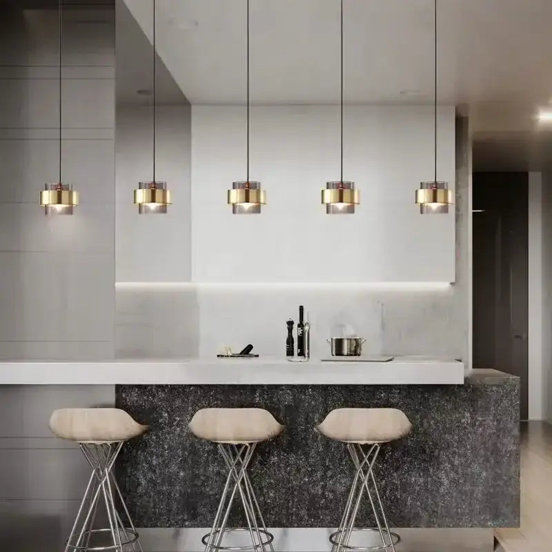 Modern brass and smoked glass pendant light dining room
