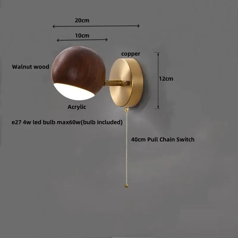 Modern brass and walnut led wall sconce bedroom spotlight