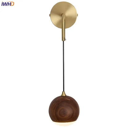 Modern brass and walnut wood wall sconce – bedroom sphere light