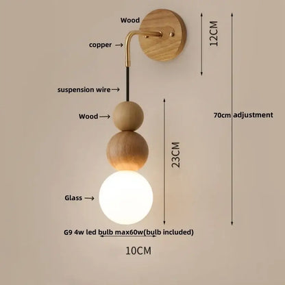 Modern brass and walnut wood wall sconce – bedroom sphere light