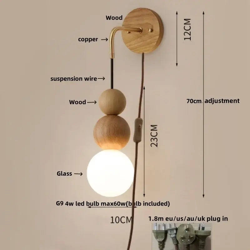 Modern brass and walnut wood wall sconce – bedroom sphere light