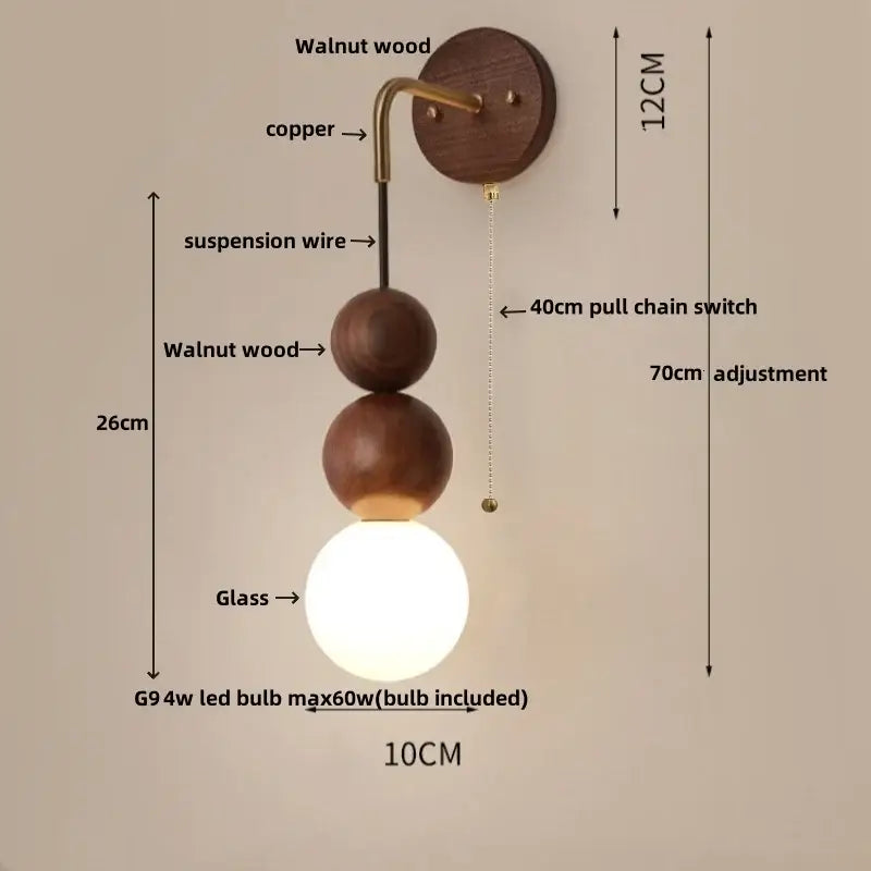 Modern brass and walnut wood wall sconce – bedroom sphere light