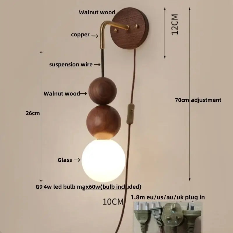 Modern brass and walnut wood wall sconce – bedroom sphere light