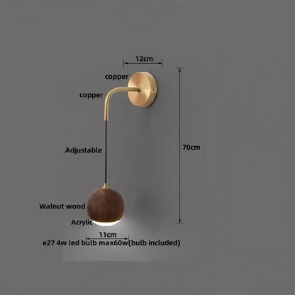 Modern brass and walnut wood wall sconce – bedroom sphere light
