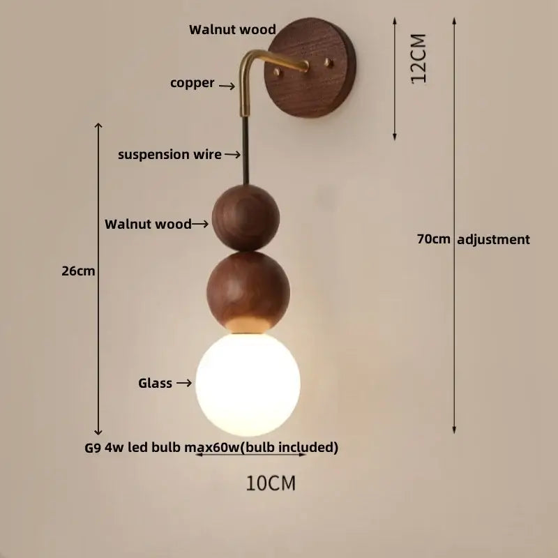 Modern brass and walnut wood wall sconce – bedroom sphere light