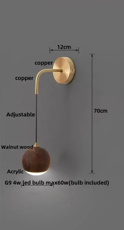 Modern brass and walnut wood wall sconce – bedroom sphere light