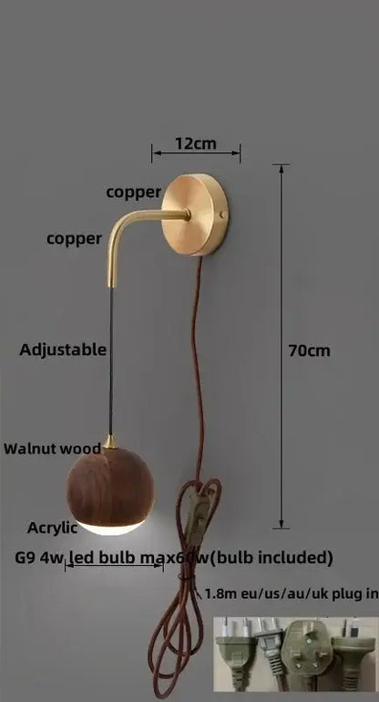 Modern brass and walnut wood wall sconce – bedroom sphere light