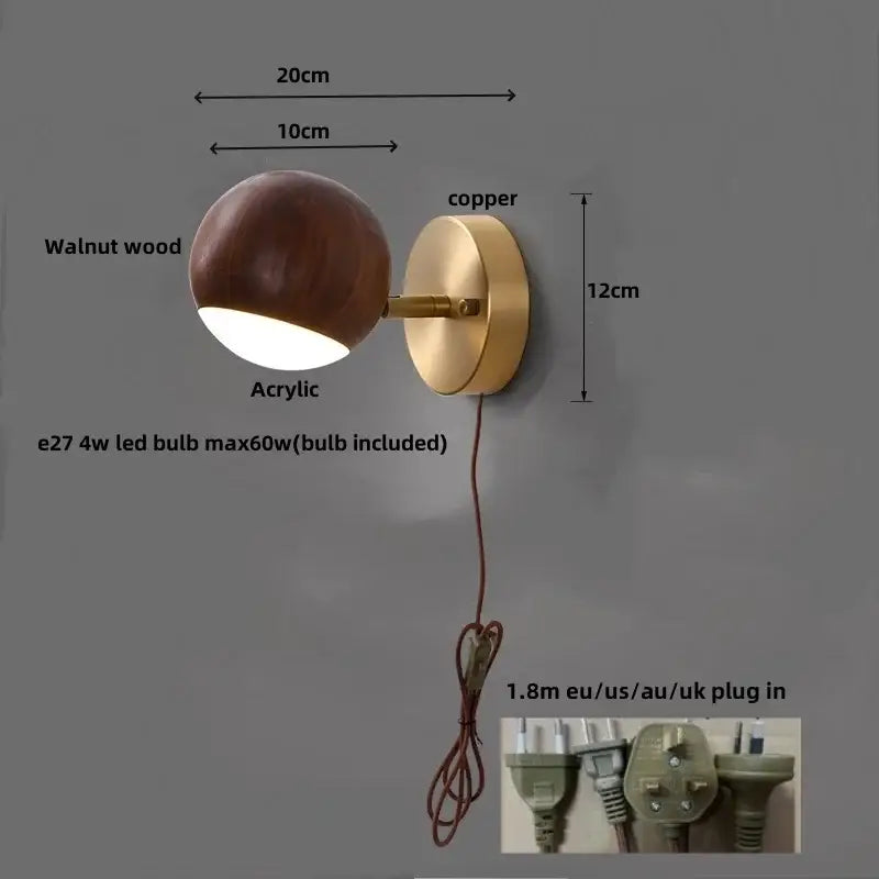 Modern brass and wood base wall sconce for living room spotlight