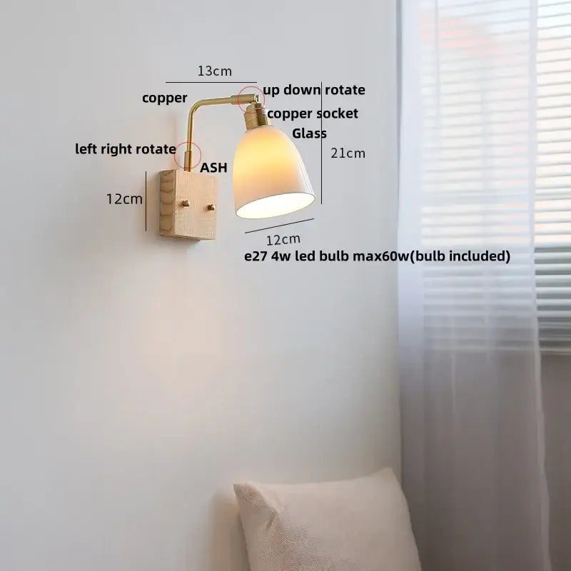 Modern brass and wood ceramic led wall sconce bedroom vanity light