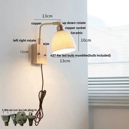 Modern brass and wood ceramic led wall sconce bedroom vanity light