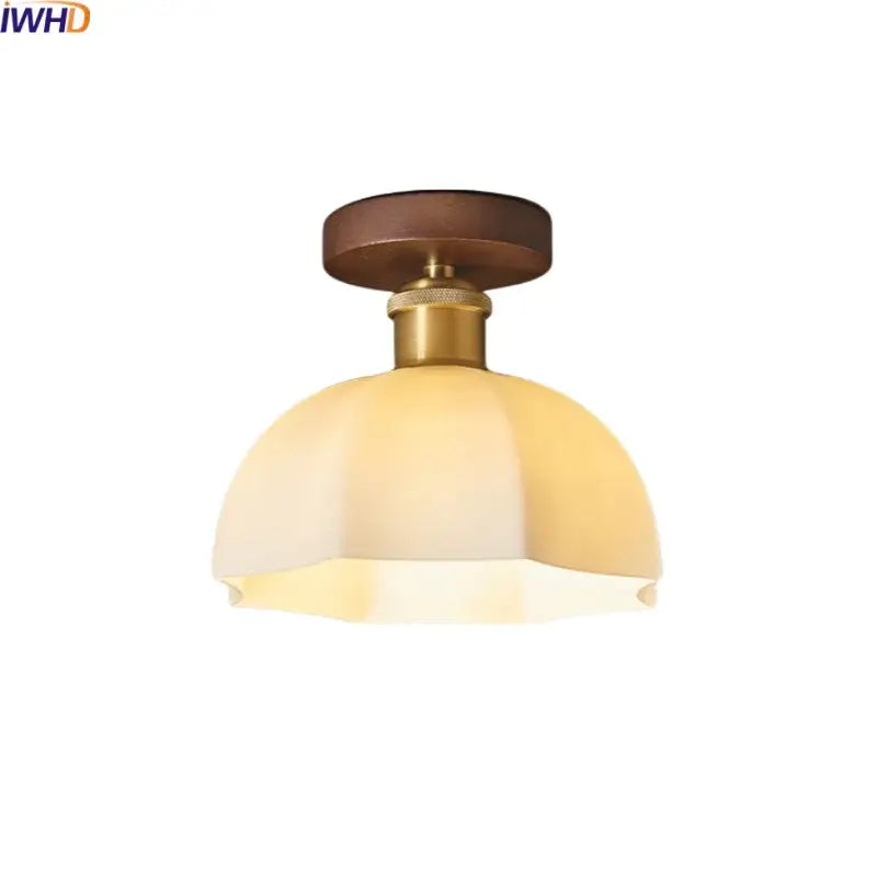 Modern brass and wood led ceiling light bedroom frosted glass lamp
