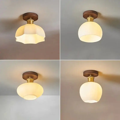 Modern brass and wood led ceiling light bedroom frosted glass lamp