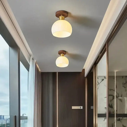 Modern brass and wood led ceiling light bedroom frosted glass lamp
