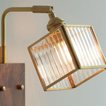 Modern brass and wood led wall lights bedroom geometric blue glass