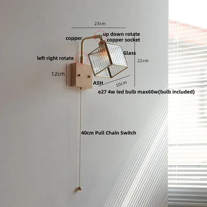 Modern brass and wood led wall lights bedroom geometric blue glass