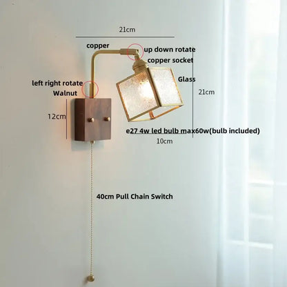 Modern brass and wood led wall lights bedroom geometric blue glass
