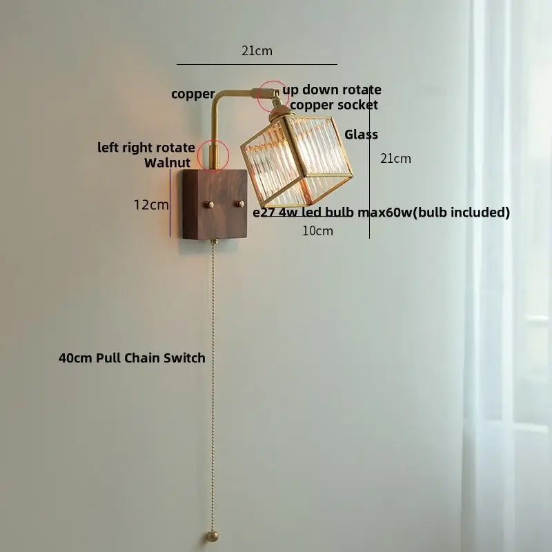 Modern brass and wood led wall lights bedroom geometric blue glass